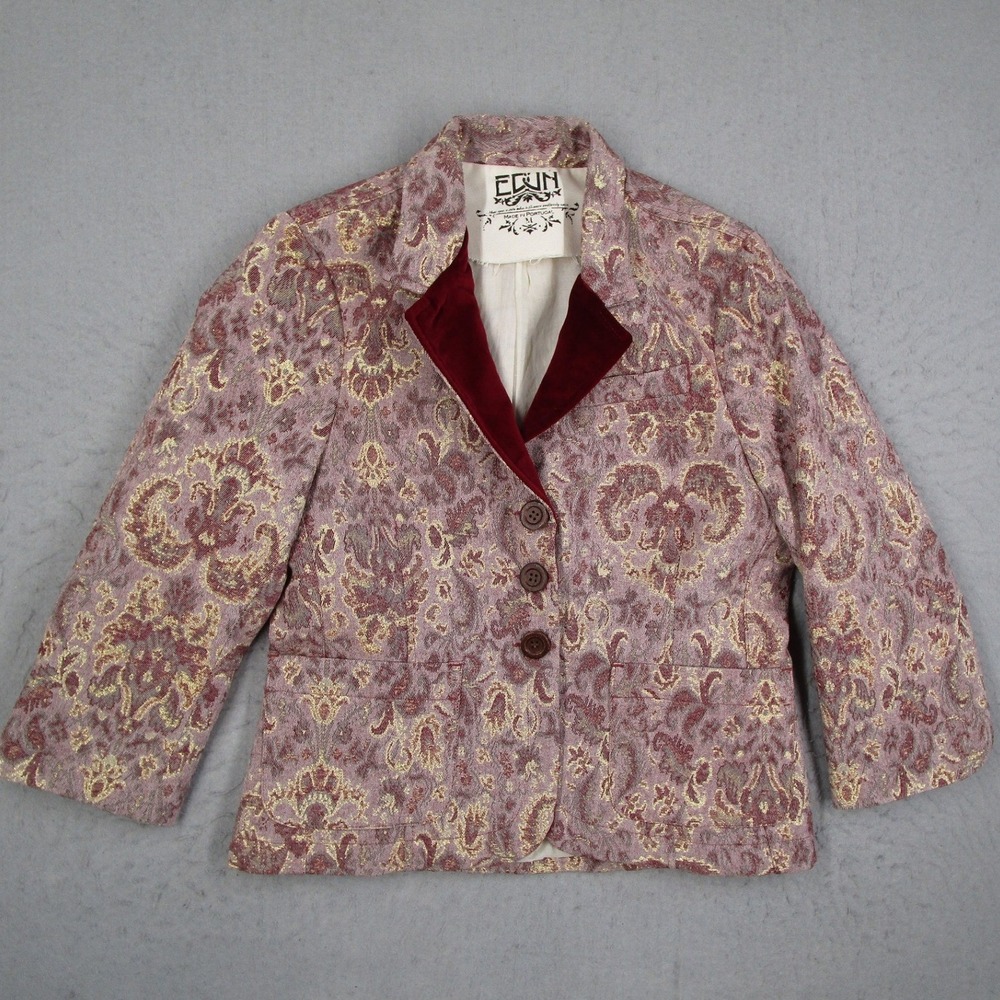 EDUN Womens Brocade Blazer Jacket Burgundy Gold Velvet Trim Made in Portugal M
